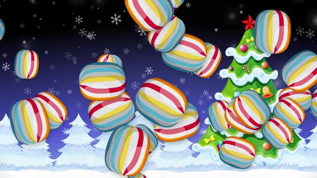 Colorful Striped Candy Falling Over Winter Christmas Tree Landscape
