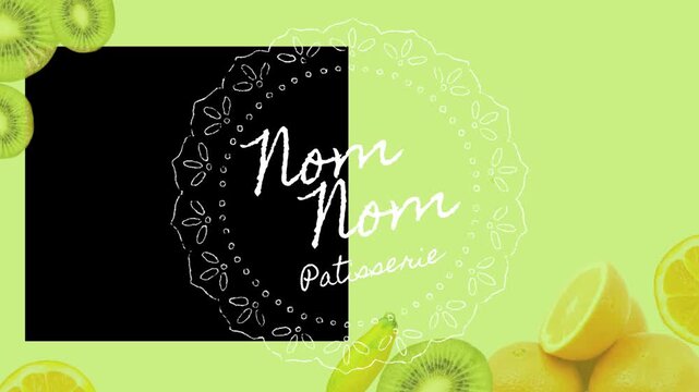 Patisserie graphic template displays a bakery logo surrounded by fresh kiwi and lemon slices on green.