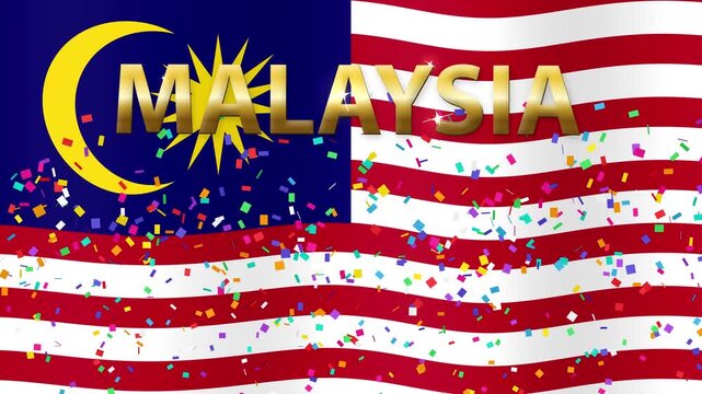 Waving Malaysia Flag Animation with Gold Text and Falling Confetti