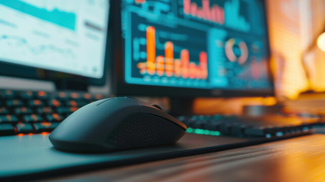 Close-Up of Computer Mouse Next to Keyboard and Screen Displaying Data
