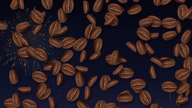 Falling Roasted Coffee Beans Animation with Colorful Fireworks Background