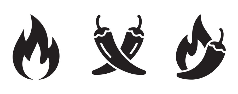Spicy food icons featuring fire flame and crossed black chili peppers for packaging design and restaurant.