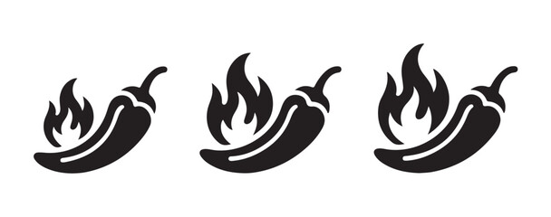 Obraz premium Spicy black hot chili pepper and flame icon set on transparent background for food labels and web menus.