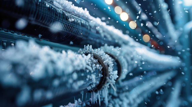 Close-Up of Heavy-Duty Liquid Nitrogen Cooling Pipes with Frost