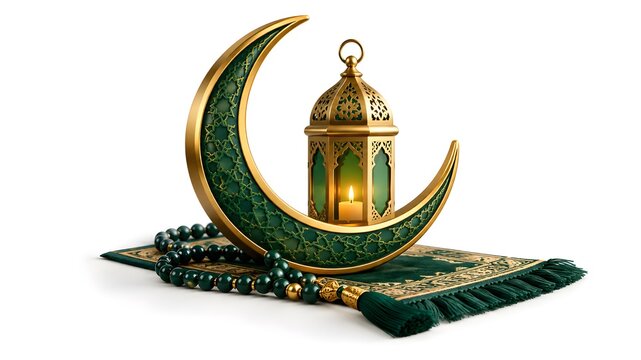 Golden crescent moon with decorative islamic lantern, prayer rug, and tasbih beads isolated on white background for ramadan kareem and eid mubarak celebration