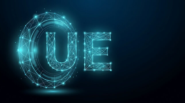 Innovative glowing cryptographic currency coin featuring letters UE rendered with a futuristic digital mesh network topology symbolizing financial decentralization and security