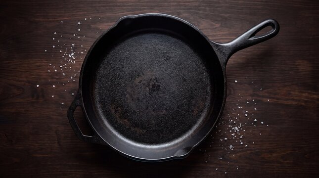 Cast iron skillet on dark wooden table with salt