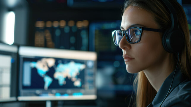Professional Female System Administrator with Headset in Control Room