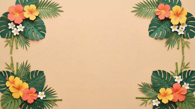 Tropical summer frame border with hibiscus flowers and palm leaves on a soft beige background tropical hibiscus