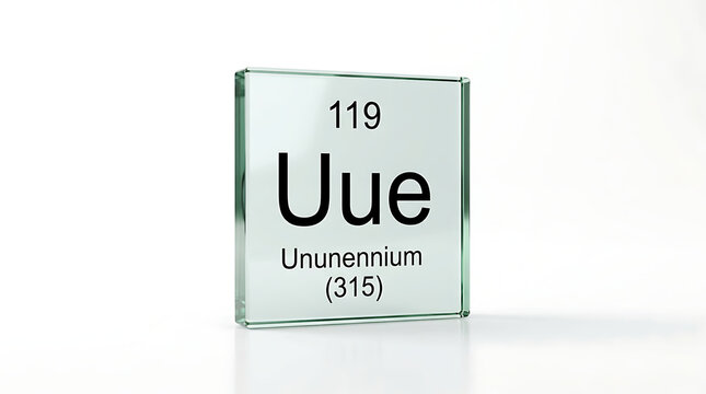 A glass tile displays the hypothetical chemical element Ununennium with atomic number one hundred nineteen as part of an educational chart for chemistry students exploring the periodic table