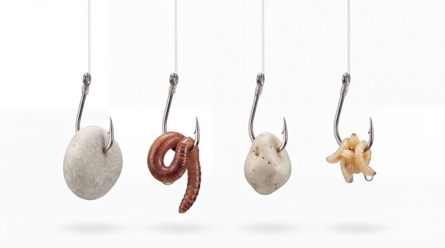Fishing hooks with bait and stones isolated on white background