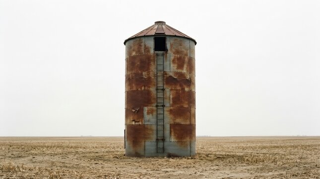 A silo standing alone in a flat, featureless field, its metal surface rusted. A ladder climbs its side, disappearing into a dark opening at the top. The sky is white, featureless. No shadows.