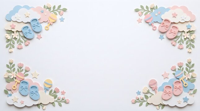 Baby items and decorative elements forming a pastel frame with celebration background childhood creative