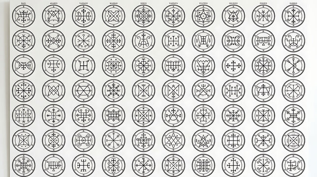 A comprehensive chart showcasing numerous ancient esoteric sigils arranged neatly in rows inside circular frames for historical occult research and mystical studies purposes