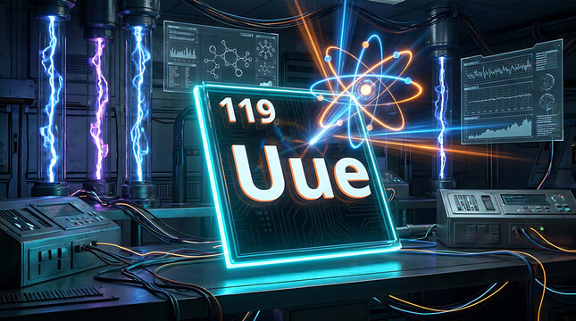Futuristic laboratory setup showcasing a glowing chemical symbol and atomic structure representing advanced scientific research and discovery within a high tech experimental environment