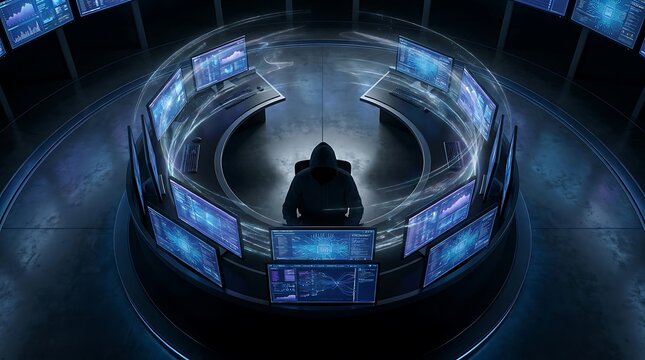 A hacker sitting inside a high-tech control room surrounded by glowing digital screens and data feeds