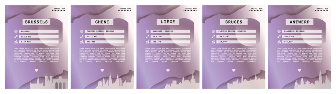 Belgium vector pack with infographics layouts, posters, flyers. Graphic template with data about Brussels, Liege, Ghent, Bruges, Antwerp for web page, travel guide, cover, print
