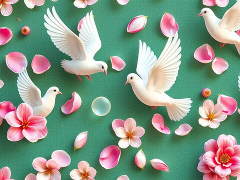 Whimsical pastel doves amidst delicate flower petals dance across this textured pattern, texture, vintage