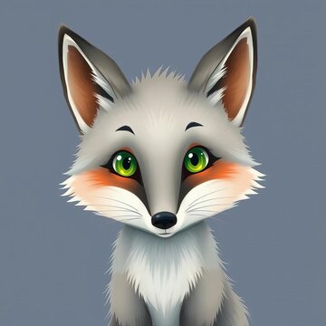 Whimsical fox illustration featuring soft gray fur and bright green eyes, nursery decor, ||cute animal illustration