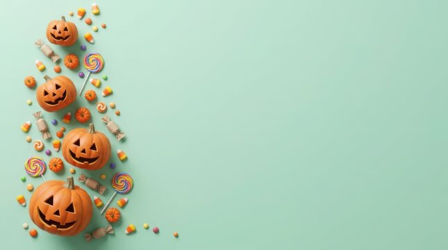 Colorful jack o lanterns with candy lollipops on light green background illustration