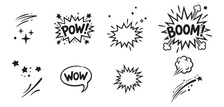 Comic cartoon line splash set. Hand drawn pop surprise line frame for title headline  illustration.  Hand drawn comic line splash effect with cartoon pop icon boom wow.  Hand Drawn Doodle Elements 