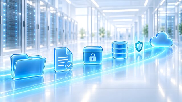 Glowing digital icons representing cloud storage data migration and cybersecurity floating in a modern server room