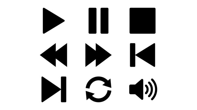 Media player control icons set including play pause stop and audio volume symbols
