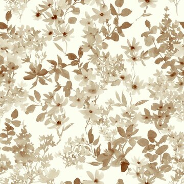 Watercolor Brown Monochrome Floral Seamless Pattern with Abstract Wildflowers and Leaves for Fabric, Stationery, Wallpaper, and Surface Design