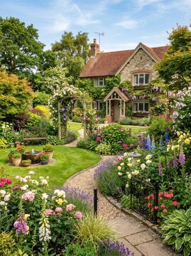 A charming stone cottage sits nestled within a lush, vibrant garden. The house features a steeply pitched roof, multiple windows, and a welcoming porch.