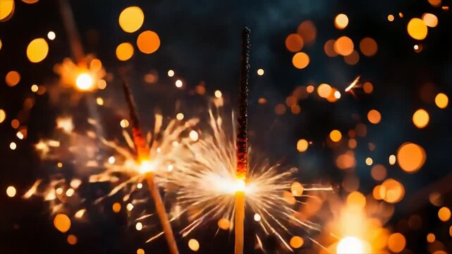 Burning bengal lights with golden sparks and bokeh on dark background. Sparkler firework burning over time. Holiday celebration, new year and party concept. Macro close-up of glowing flame.