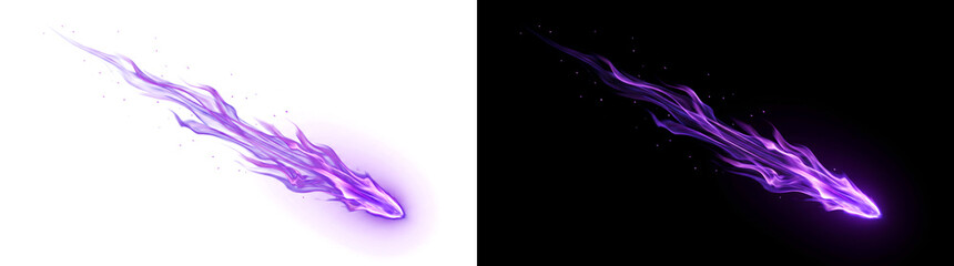 Purple flame comet streak trail with glowing fire tail flying diagonally ideal for gaming and fantasy magic design projects featuring PNG, Transparent and Black Background Versions © Crafter