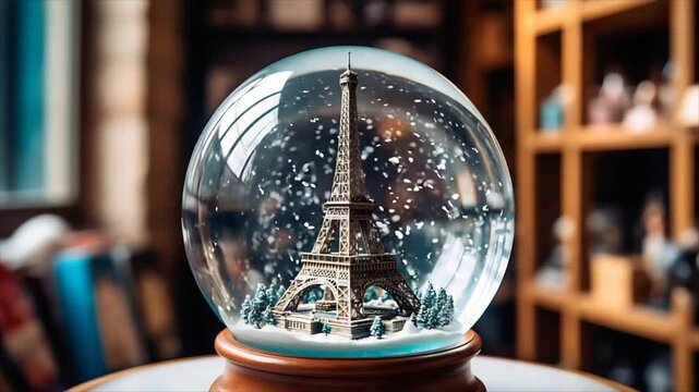 Snow globe with Eiffel Tower miniature and falling snow on table in cozy room. Paris souvenir snowball with winter scene. Travel memory and Christmas gift concept.