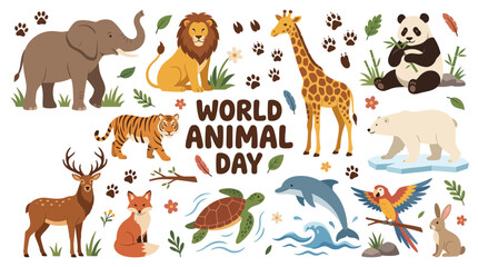 Obraz premium World Animal Day banner with wild zoo animals and cute nature wildlife characters