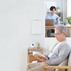 Fototapeta premium 読書するシニア男性とスマートフォンを見る男性の二画面構成