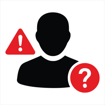 Unknown user account and identity problem icon with person silhouette, red warning triangle alert, and question mark badge.