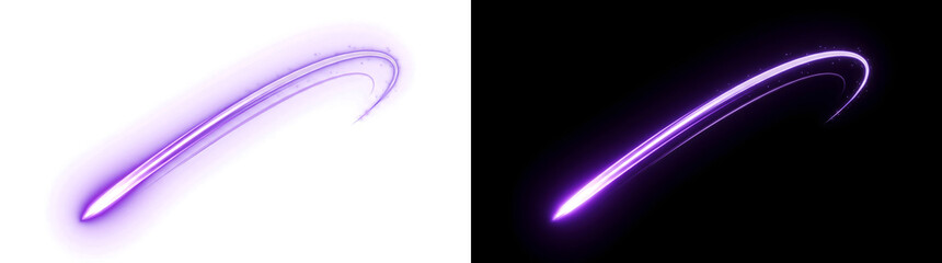 Purple glowing swoosh light speed trail with curved sparkling energy tail ideal for gaming and futuristic technology design projects featuring PNG, Transparent and Black Background Versions © Crafter