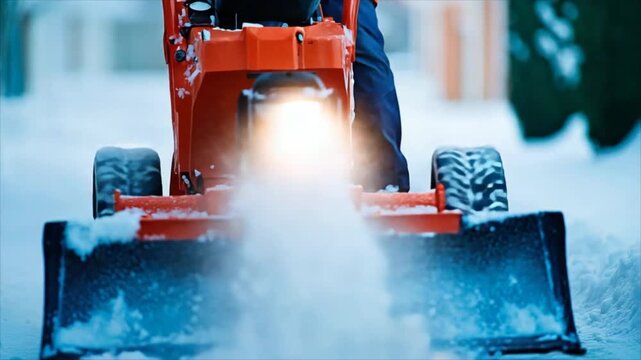 Man driving compact tractor with snow plow blade clearing sidewalk after snowfall. Winter urban road maintenance by municipal service. Snow removal concept.