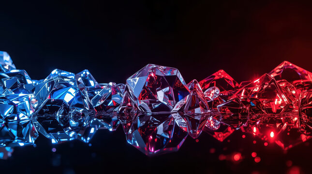 Futuristic glass crystal reflection with blue and red light