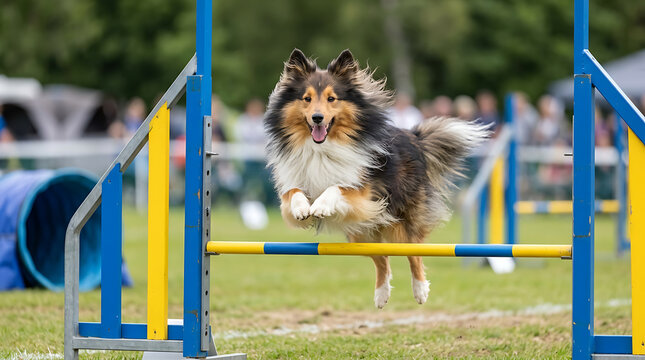 An energetic Shetland Sheepdog leaps gracefully over a bright yellow hurdle during an outdoor agility competition while spectators watch from the grassy sidelines cheering enthusiastically
