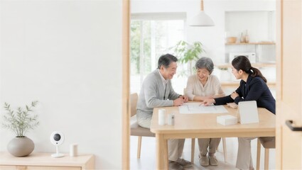 Fototapeta premium 自宅で見守りサービスについて相談するシニアの男女