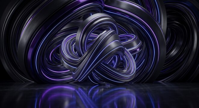 Abstract digital art featuring intricate parametric fluid ribbon architecture with glowing deep purple light effects