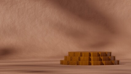 Obraz premium 3d render empty scene wood texture curved cylinder in landscape arch and blocks