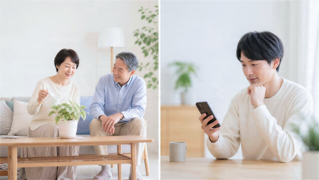 くつろぐシニア男女とスマートフォンを見る男性の二画面構成