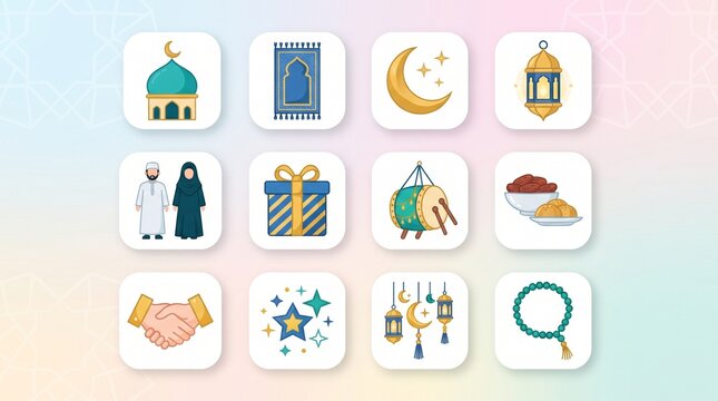 Eid Celebration Flat Icon Collection with Prayer Mat Mosque Crescent Lantern Traditional Clothing Handshake Gifts and Festive Islamic Symbols