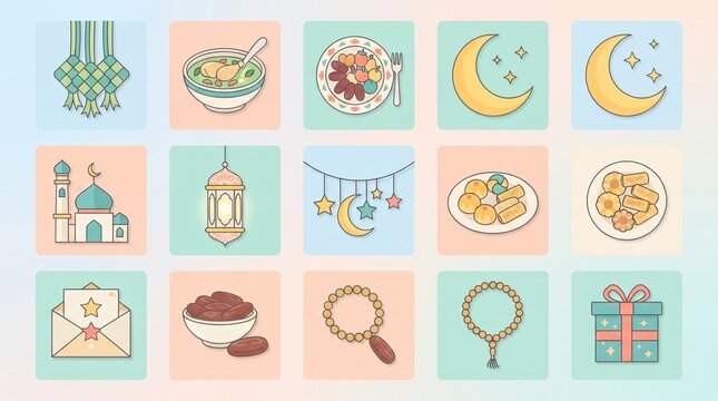 Eid al-Fitr and Lebaran Flat Icon Collection with Ketupat Traditional Food Cookies Mosque Lantern and Festive Celebration Symbols