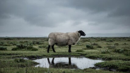 Fototapeta premium Sheep standing beside a reflective pond in a misty green landscape under a cloudy sky