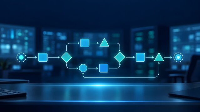Glowing digital flowchart diagram representing algorithmic logic and workflow automation strategy in a dark control room