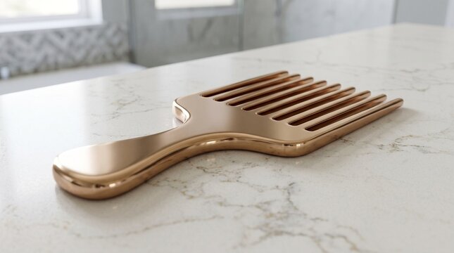 Rose gold hair pick comb on white marble countertop