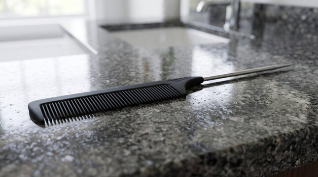 Black rat-tail hair comb lying on a granite bathroom countertop