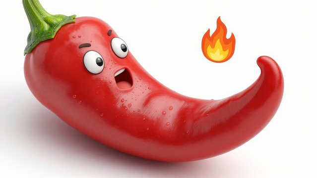 Cartoon Red Chili Pepper with Surprised Expression and Flames